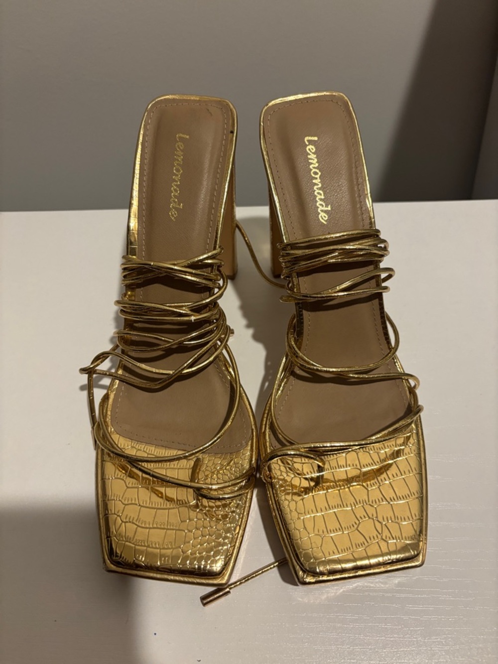 Lemon Gold Croc-Embossed Lace-Up Square-Toe Heels